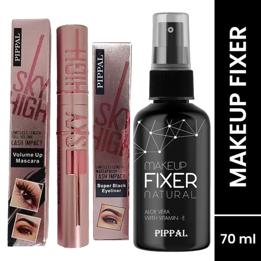 Pippal Beauty Makeup Fixer Natural Dewy Finish with Vitamin E And Aloe Vera Long-Lasting Hydrating & Refreshing Setting Spray 80ml (Pack of 1) with Sky High Supar Black Eyeliner And Mascara