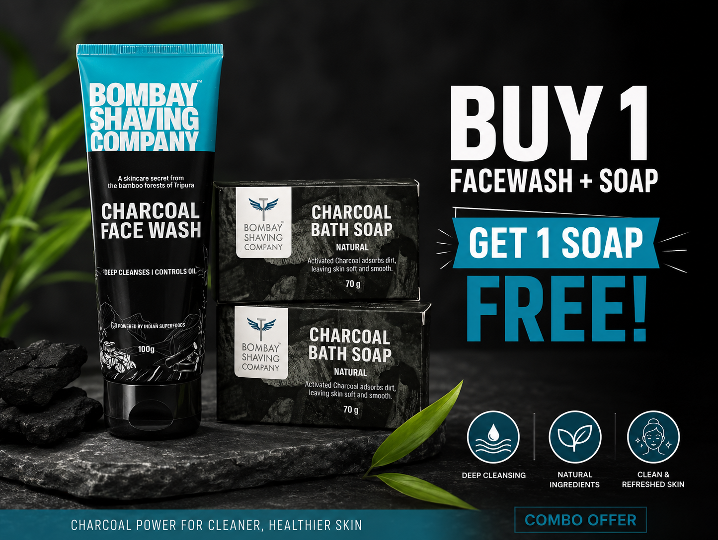 1 Charcoal Activated Soap + 1 100g Charcoal Facewash get 1 Soap for free