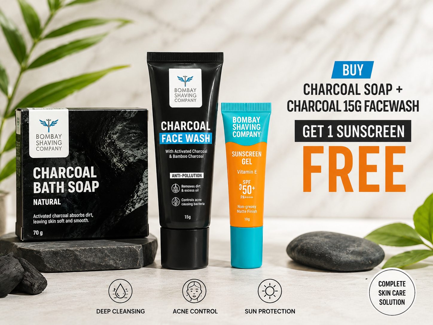 1 Charcoal Activated Soap + 15g Charcoal Facewash get 1 15g Sunscreen for Free