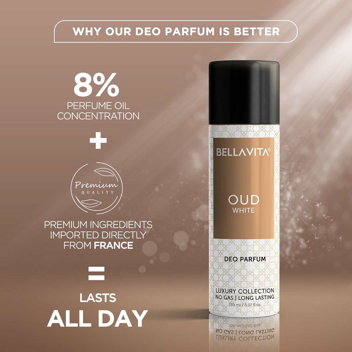 Bellavita Oud White Deo Perfume Body Spray For Men  Women 150 Ml